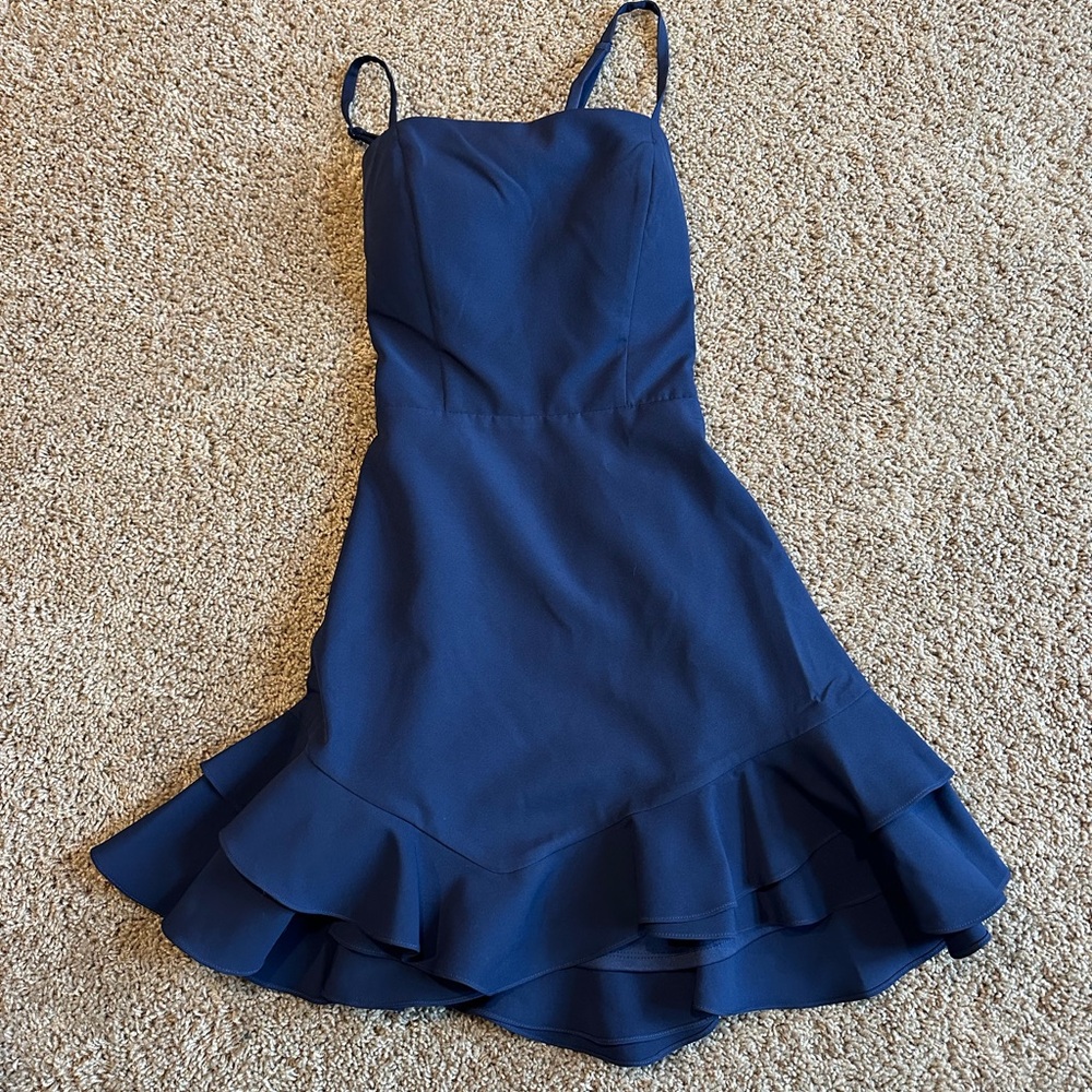 Navy Blue Tiered Ruffle Hem Mini Dress Open Back Bow Detail Cocktail Party